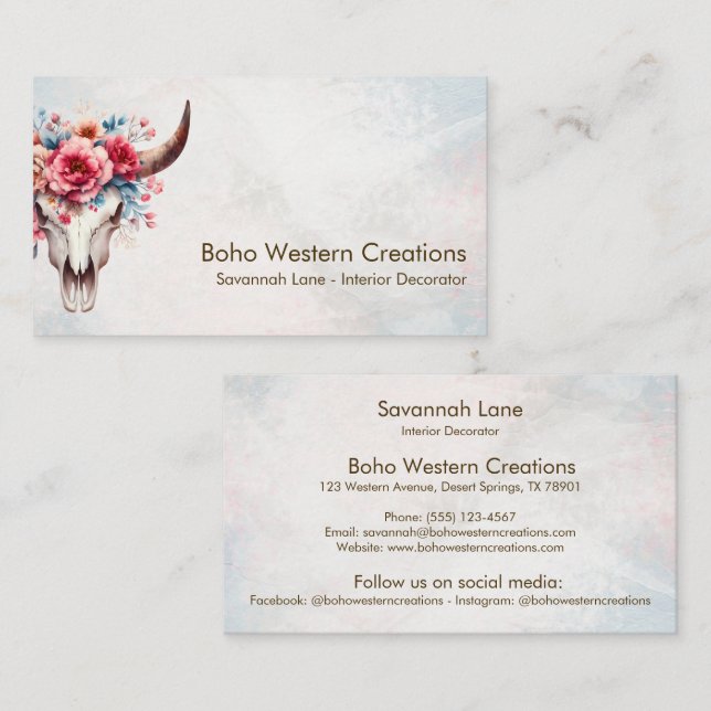 Boho Chic Watercolor Multicolor Floral Cow Skull  Business Card (Front/Back)