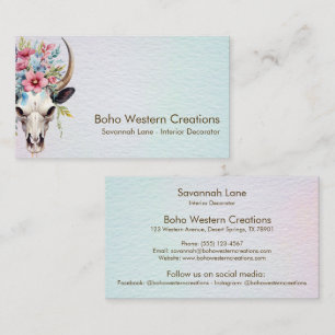 Boho Chic Watercolor Multicolor Floral Cow Skull Business Card