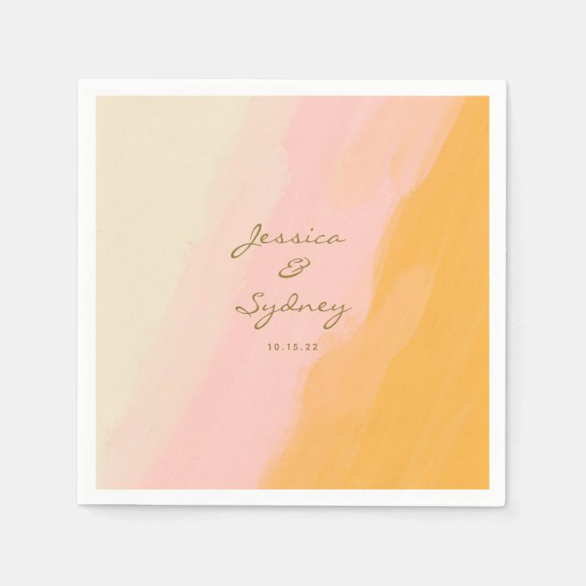 Boho Chic Watercolor Pink and Yellow Name Wedding Napkin (Front)