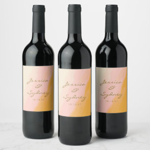 Boho Chic Watercolor Pink and Yellow Name Wedding Wine Label