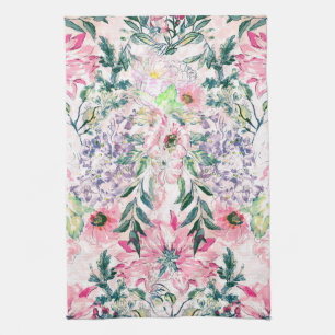 boho chic watercolor spring pink floral kitchen towel