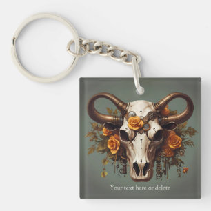 Boho Chic Watercolor Steampunk Floral Cow Skull  Keychain