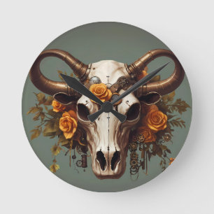 Boho Chic Watercolor Steampunk Floral Cow Skull Round Clock