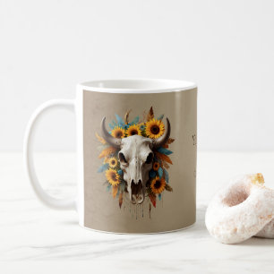 Boho Chic Watercolor Sunflower Feather Cow Skull  Coffee Mug