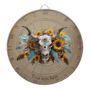 Boho Chic Watercolor Sunflower Feather Cow Skull  Dartboard