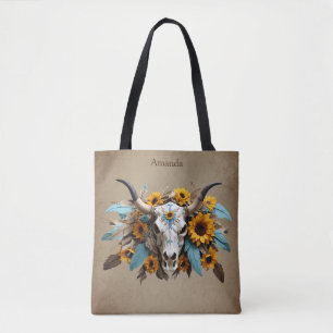 Boho Chic Watercolor Sunflower Feather Cow Skull Tote Bag
