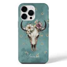 Boho Chic Watercolor Teal Floral Cow Skull 