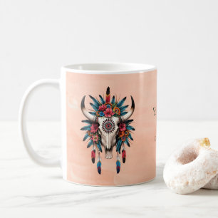 Boho Chic Watercolor Tribal Floral Cow Skull  Coffee Mug