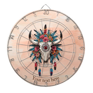 Boho Chic Watercolor Tribal Floral Cow Skull Dartboard