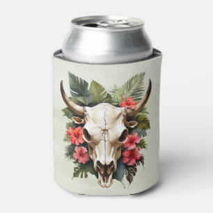 Boho Chic Watercolor Tropical Floral Cow Skull Can Cooler