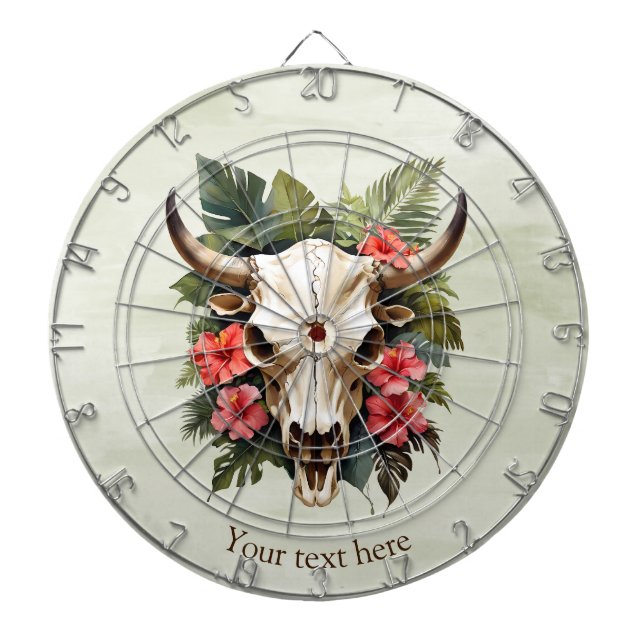 Boho Chic Watercolor Tropical Floral Cow Skull  Dartboard (Front)