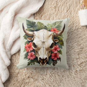 Boho Chic Watercolor Tropical Floral Cow Skull  Throw Pillow