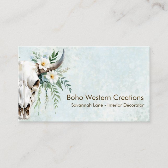 Boho Chic Watercolor White Floral Cow Skull  Business Card (Front)