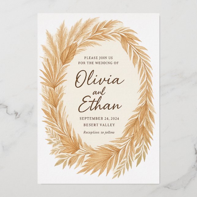 Boho Chic Wedding Invitation – Pampas Grass & Palm (Front)