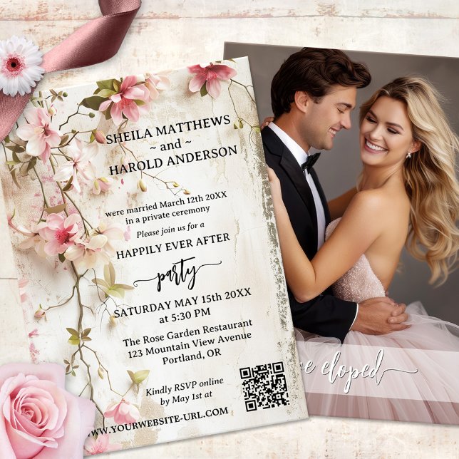 Boho Chic Wedding Reception Only Elopement  Invitation (Boho chic happily ever after or post wedding invitation featuring your photo and watercolor flowers)