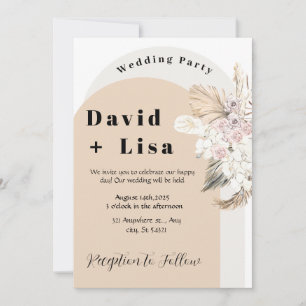 Boho Chic Wedding with Pampas Grass and Pink Roses Invitation