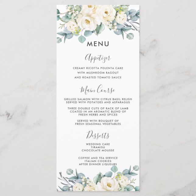 Boho Chic White Floral Eucalyptus Wedding Menu (Front)