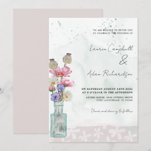 Boho Chic Wild Flower Watercolor Wedding  Invitation