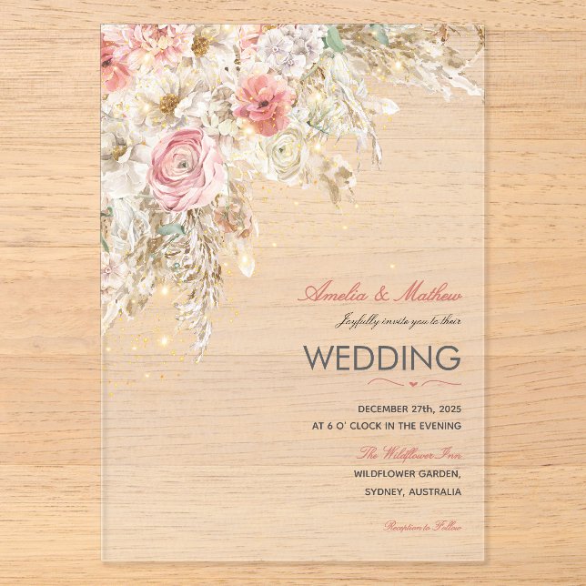 Boho Chic Wildflower Autumn Rustic Floral Wedding  Acrylic Invitations (Front)
