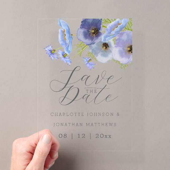 Boho Chic Wildflower Floral Blue Wedding Acrylic Invitations (Insitu (Handheld))
