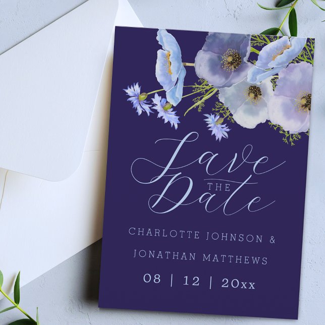 Boho Chic Wildflower Floral Navy Blue Wedding Save The Date (Boho chic wildflower bouquet watercolor blue floral navy blue wedding save the date invitation)