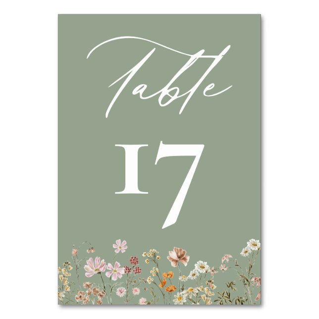 Boho Chic Wildflower Modern Wedding Table Number (Front)