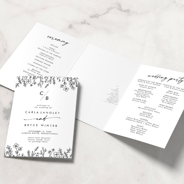 Boho Chic Wildflower Monogram Wedding Tri-Fold Programme (Creator Uploaded)