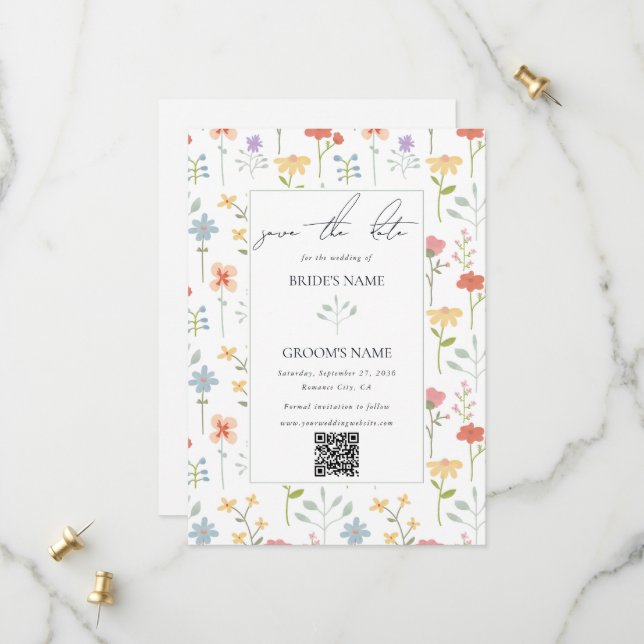 Boho Chic Wildflowers Modern Floral Wedding Save The Date (Front/Back In Situ)