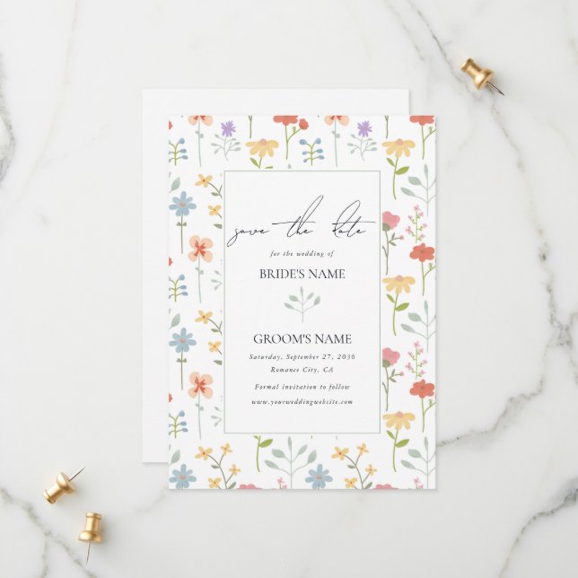 Boho Chic Wildflowers Modern Floral Wedding Save The Date (Front/Back In Situ)