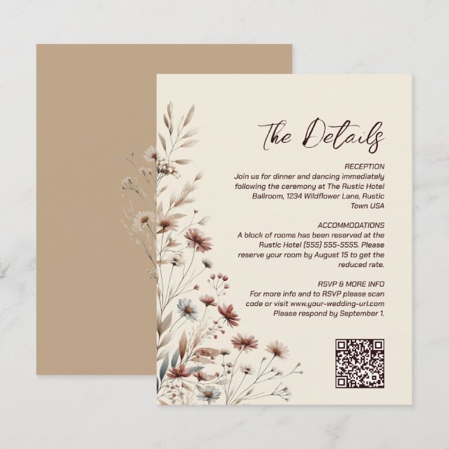 Boho Chic Wildflowers QR Code Wedding Details Enclosure Card (Front/Back)