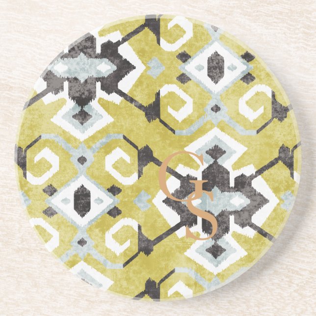 Boho chic yellow ikat tribal pattern monogram coaster (Front)