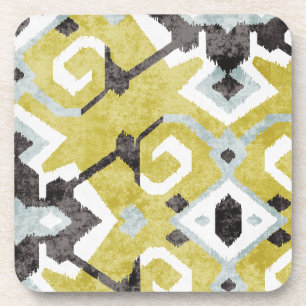 Boho chic yellow ikat tribal pattern monogram coaster