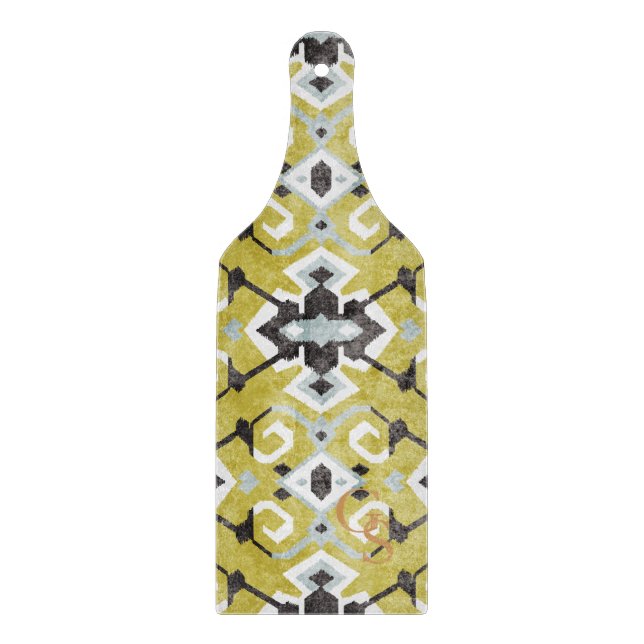 Boho chic yellow ikat tribal pattern monogram cutting board (Front)