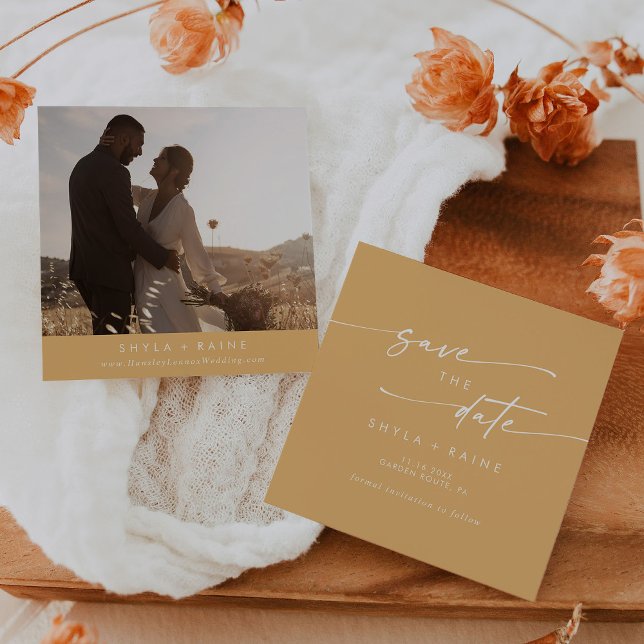 Boho Chic Yellow Marigold Square Photo Back Save The Date (Creator Uploaded)