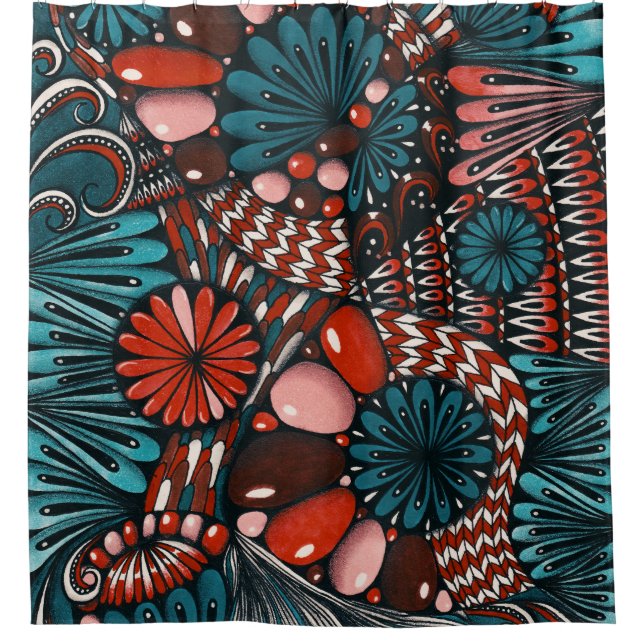 Boho Chic Zentangle Botanical Shower Curtain - Vib (Front)