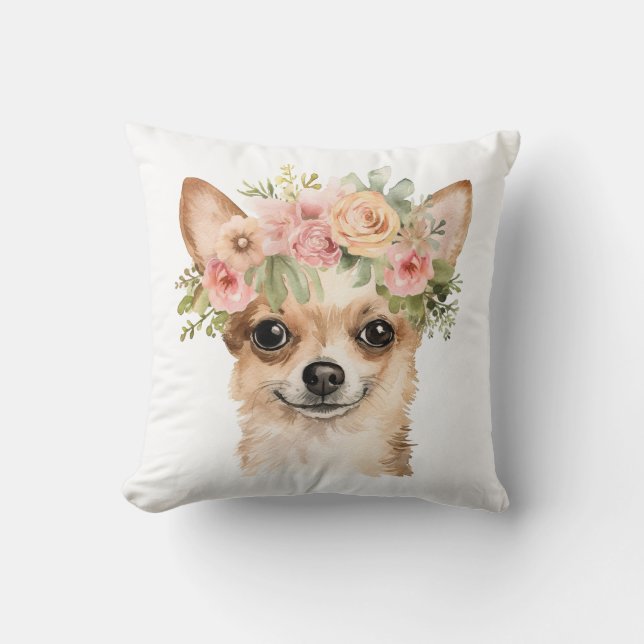 Boho Chihuahua Flower Crown Watercolor Throw Pillow (Front)