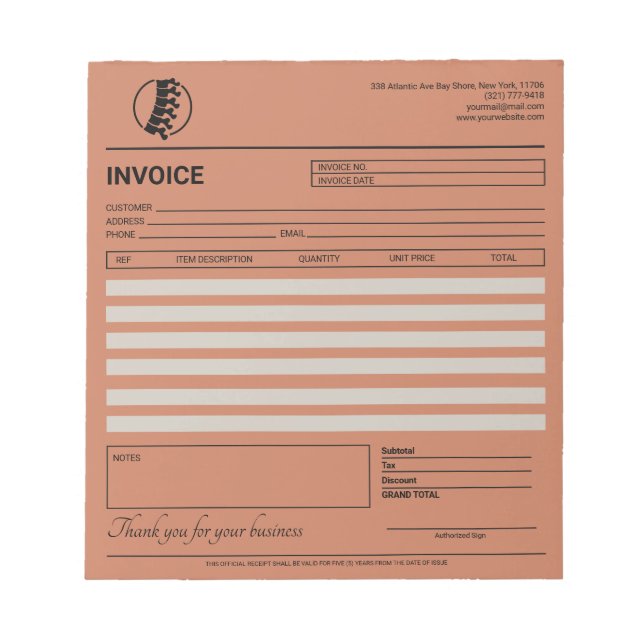 Boho Chiropractor Invoice / Receipt  Notepad (Front)