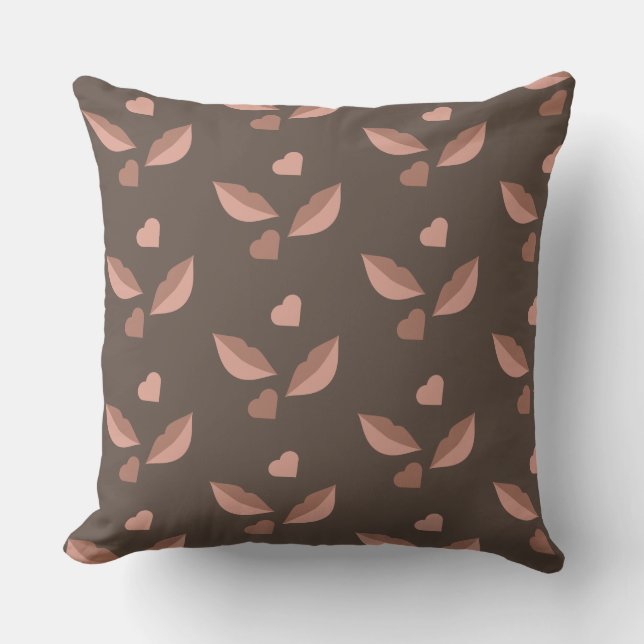 Boho Chocolate Lips and Hearts Natural Brown Throw Pillow (Front)