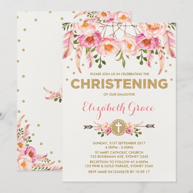Boho Christening Pink Gold Floral Dream Catcher Invitation (Front/Back)