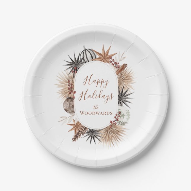 Boho Christmas Botanicals Personalized Paper Plate (Front)