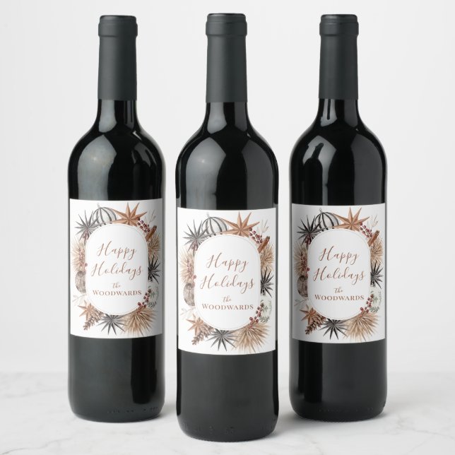Boho Christmas Botanicals Personalized Wine Label (Bottles)