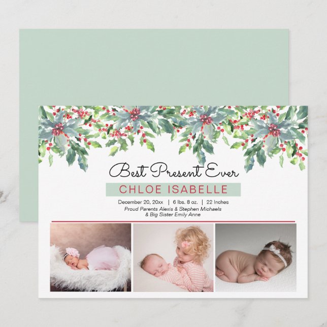 Boho Christmas Greenery Best Present Ever Birth  A Announcement (Front/Back)