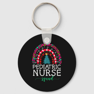 Boho Christmas Leopard Rainbow Pediatric Nurse Squ Keychain