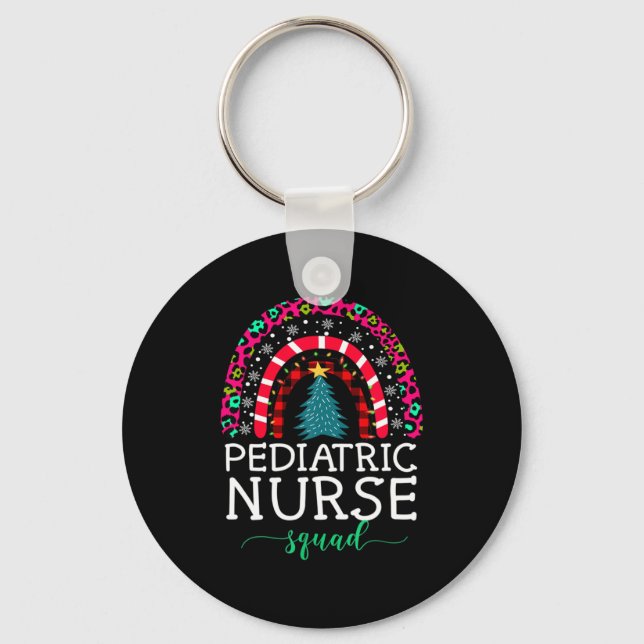 Boho Christmas Leopard Rainbow Pediatric Nurse Squ Keychain (Front)