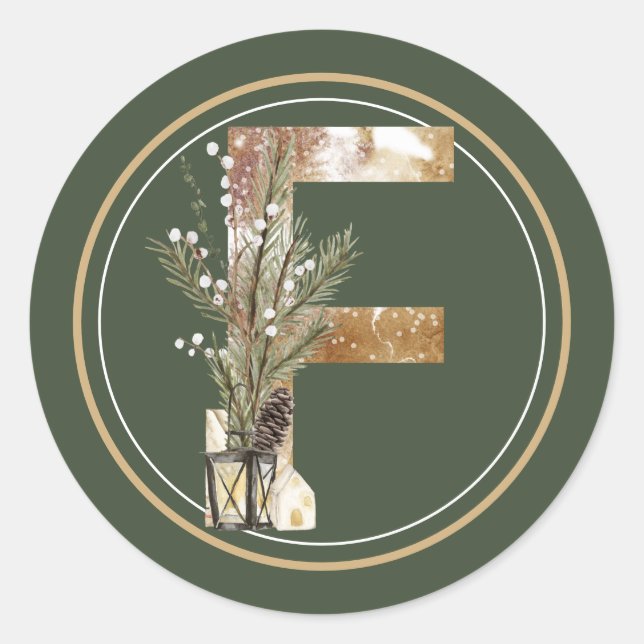 Boho Christmas Monogram F with Lantern and Twigs Classic Round Sticker (Front)