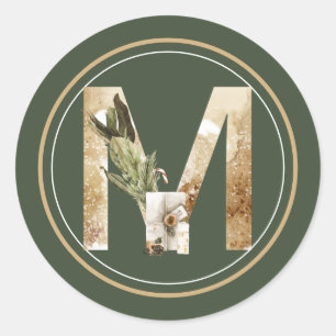 Boho Christmas Monogram M with Package and Greens Classic Round Sticker