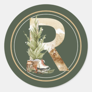 Boho Christmas Monogram R with Tree and Skates Classic Round Sticker