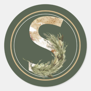 Boho Christmas Monogram S with Greenery Classic Round Sticker