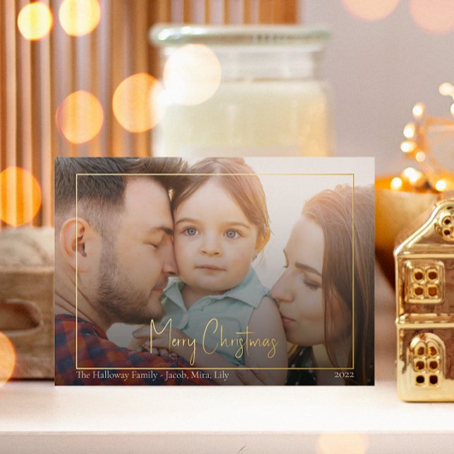 Boho Christmas Script Horizontal Framed photo Gold Foil Holiday Card (Creator Uploaded)