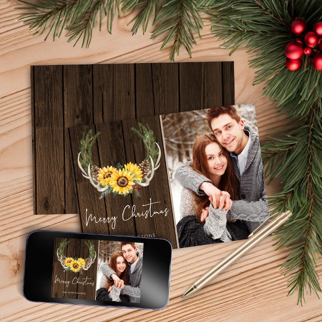 Boho Christmas Sunflower Wreath Holiday Photo Card (Boho Christmas Sunflower Wreath Holiday Photo Christmas Card)